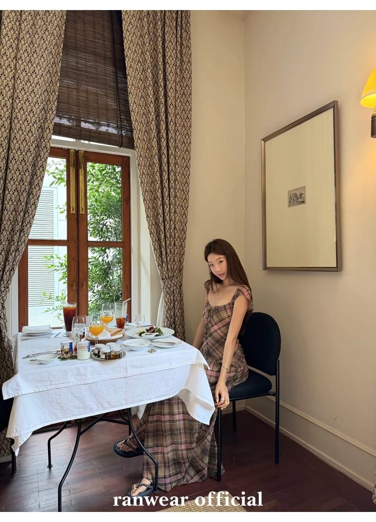체크 백리스 스모크밴딩 롱 원피스 상세 이미지 23
