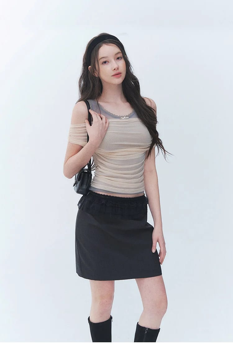 [벨님 착용] 레이어드 메쉬 셔링 오프숄더 탑 상세 이미지 6