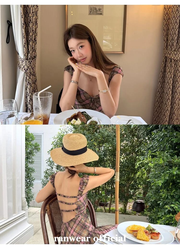 체크 백리스 스모크밴딩 롱 원피스 상세 이미지 35