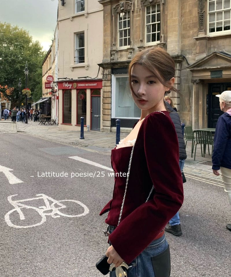 레이스 스퀘어 벨벳 블라우스 탑 추가 이미지 2