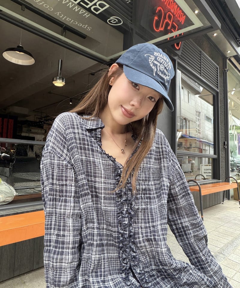 네이비 체크 프릴 긴팔 블라우스탑 추가 이미지 1