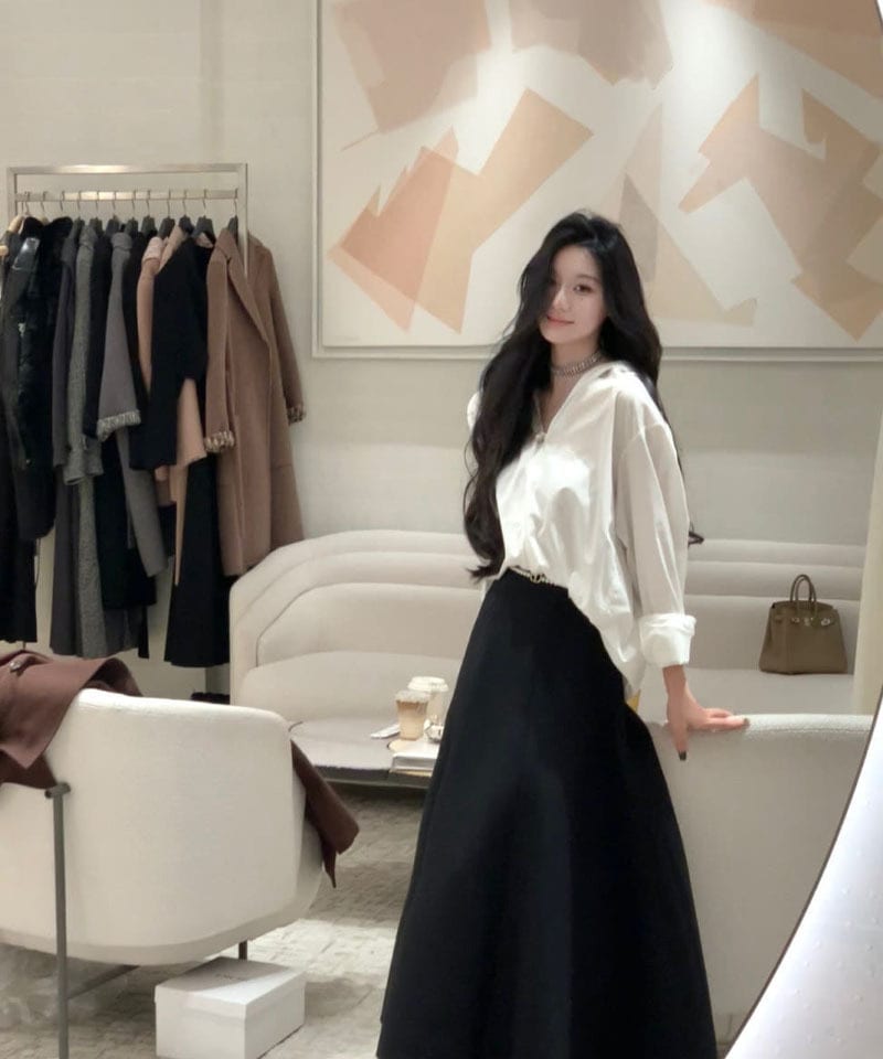 버튼 브이넥 셔츠 A라인 롱스커트 투피스 (개별선택) 대표 이미지