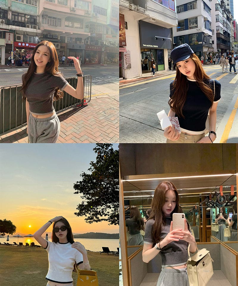 배색 라운드넥 반팔 니트탑 추가 이미지 3