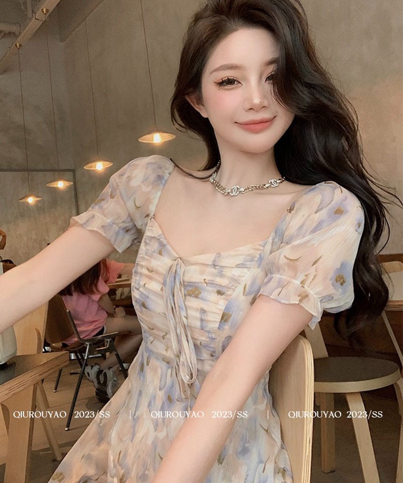 스퀘어넥 플라워 쉬폰 미니원피스 추가 이미지 2