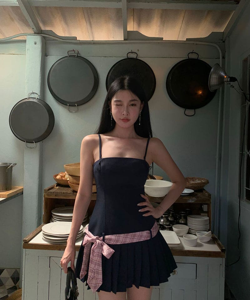 체크핑크 리본 플리츠 미니원피스 추가 이미지 1