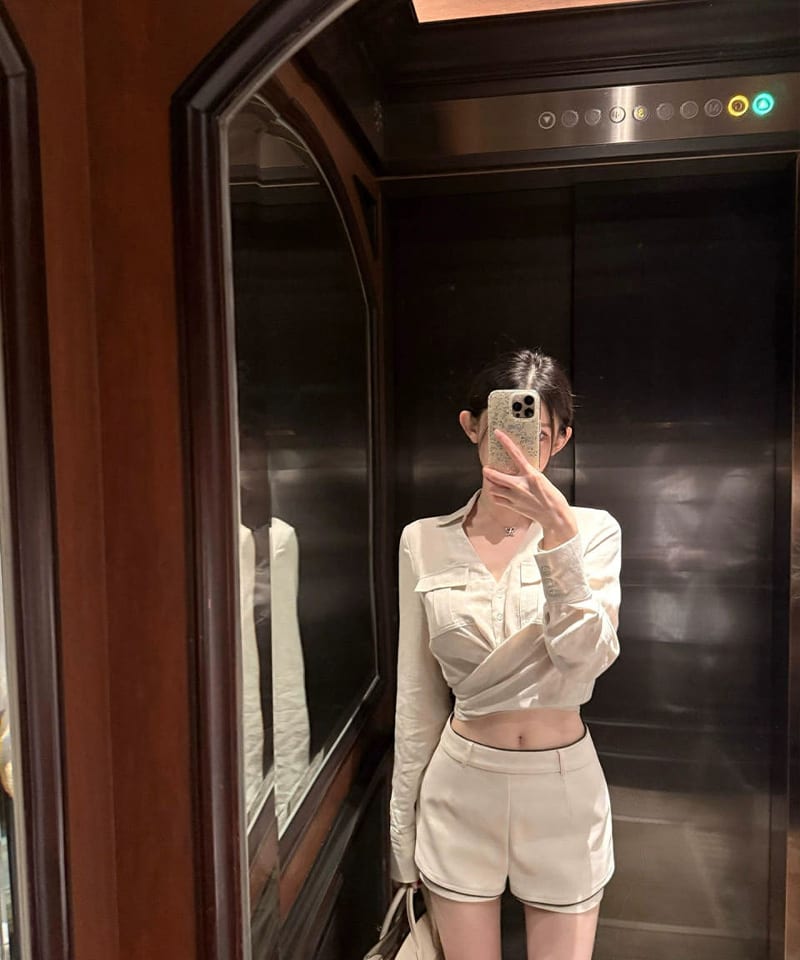 브이넥카라 스트랩 린넨 셔츠 추가 이미지 3