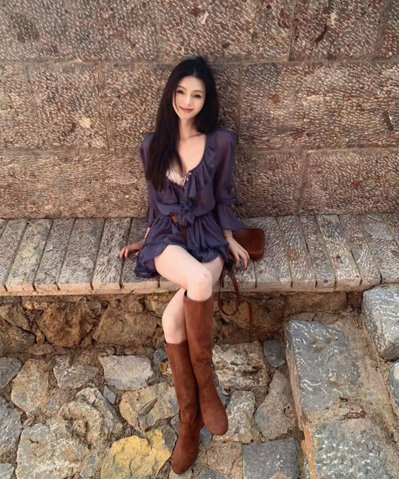 퍼플 시스루 러플 티어드 롱 블라우스 대표 이미지