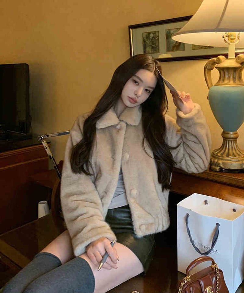 싱글버튼 카라 에코퍼 숏 자켓 추가 이미지 2
