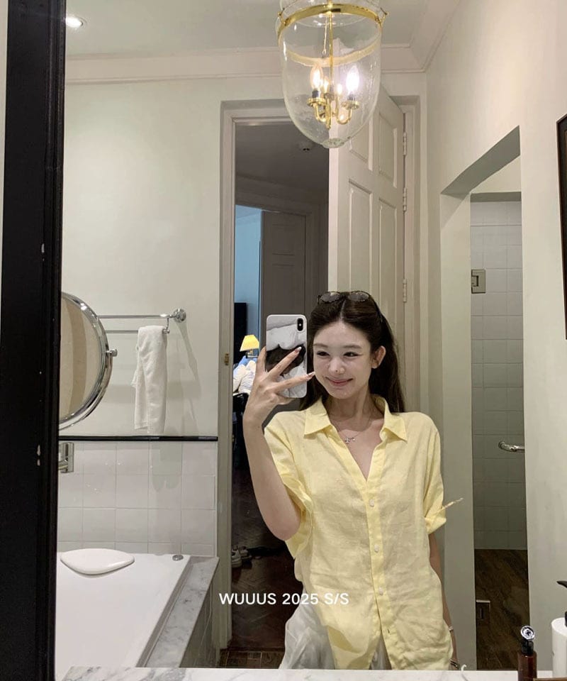 린넨100 롤업소매 반팔 셔츠 추가 이미지 2