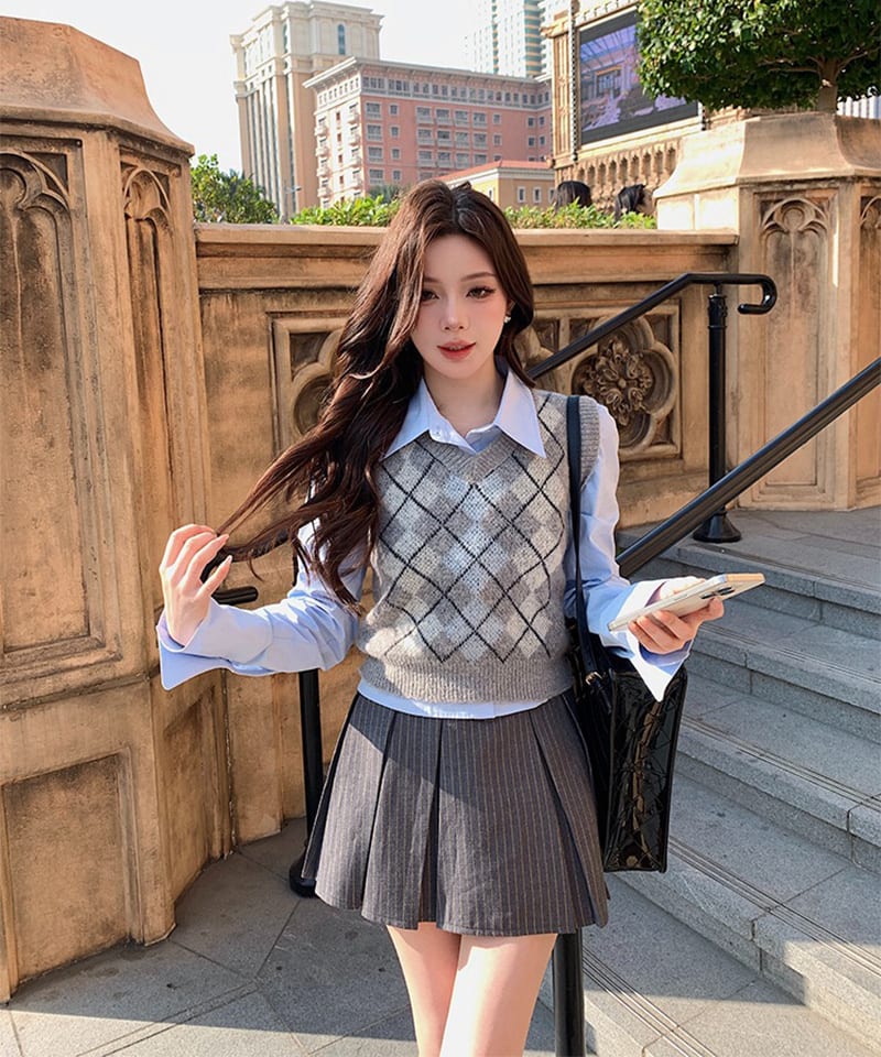 아가일 니트베스트 셔츠 미니스커트 쓰리피스 (개별선택) 추가 이미지 1