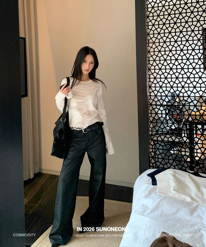 블랙 샤이니 스트레이트 코튼팬츠 추가 이미지 1