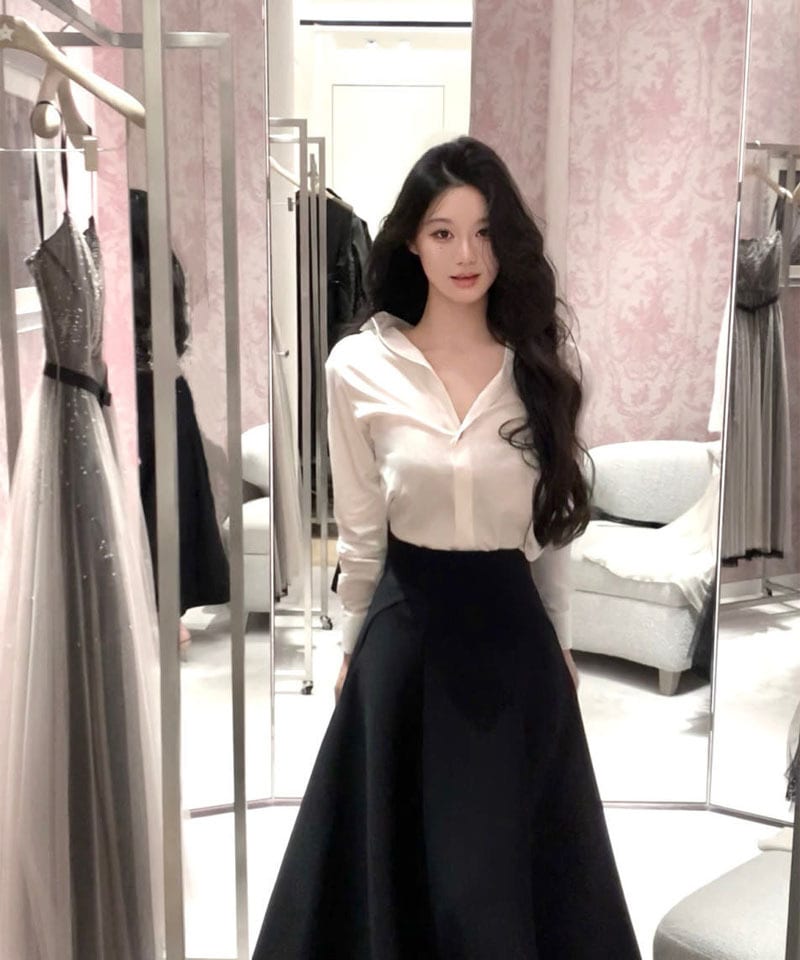 버튼 브이넥 셔츠 A라인 롱스커트 투피스 (개별선택) 추가 이미지 2