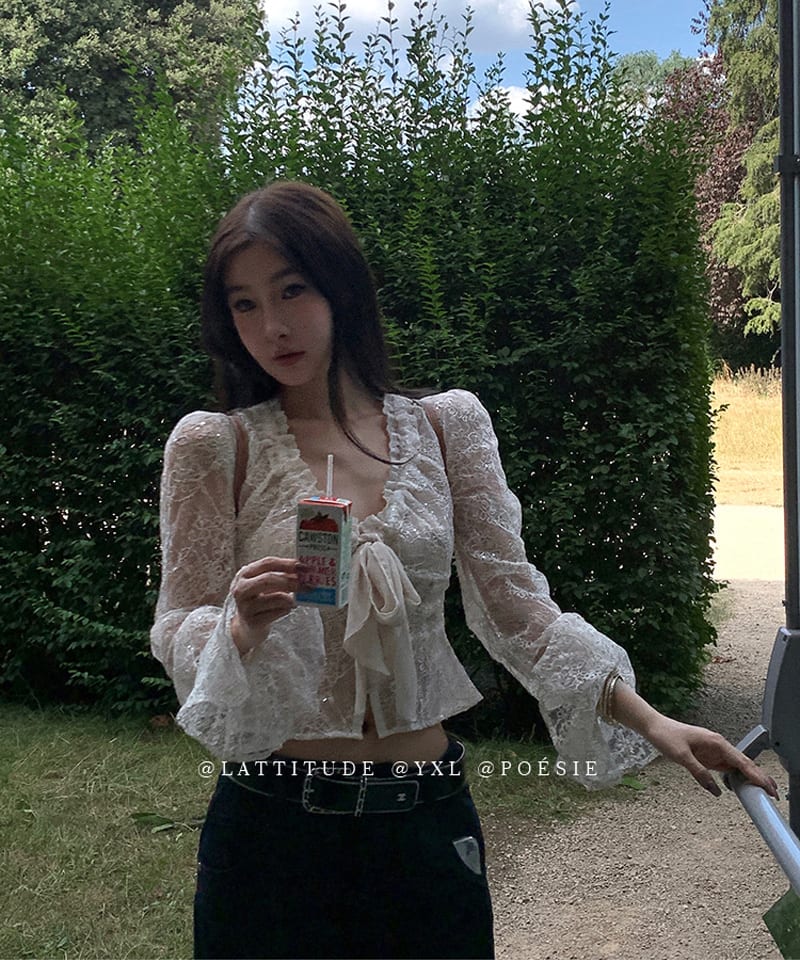 리본 시스루 자수 레이스 블라우스 추가 이미지 4