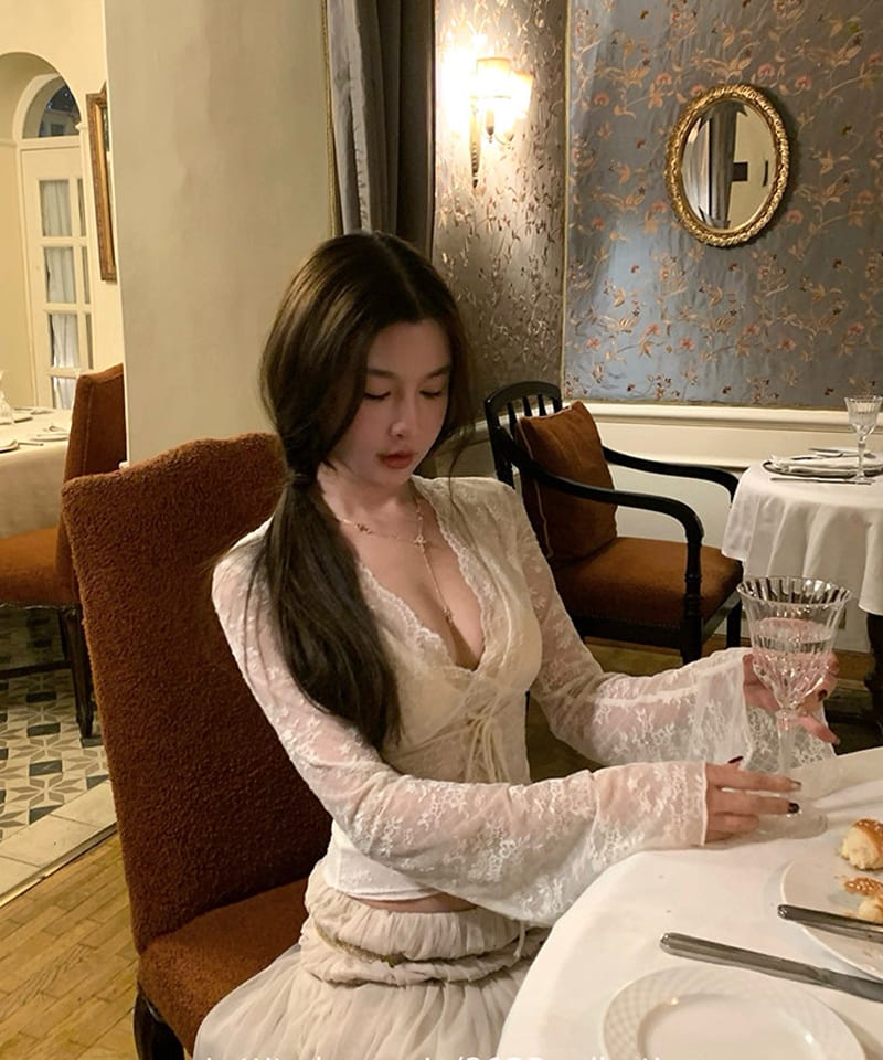 시스루 레이스 코르셋 벨소매 블라우스 추가 이미지 3
