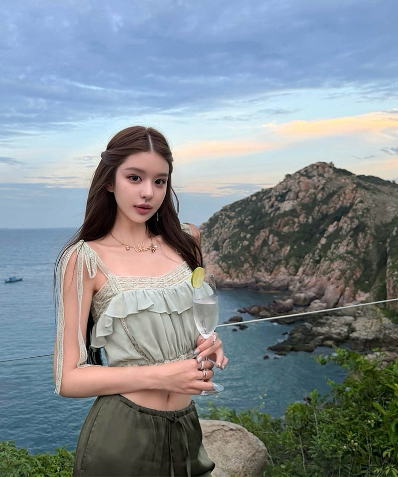 제이드 시폰 레이스 타이숄더 탑 추가 이미지 1
