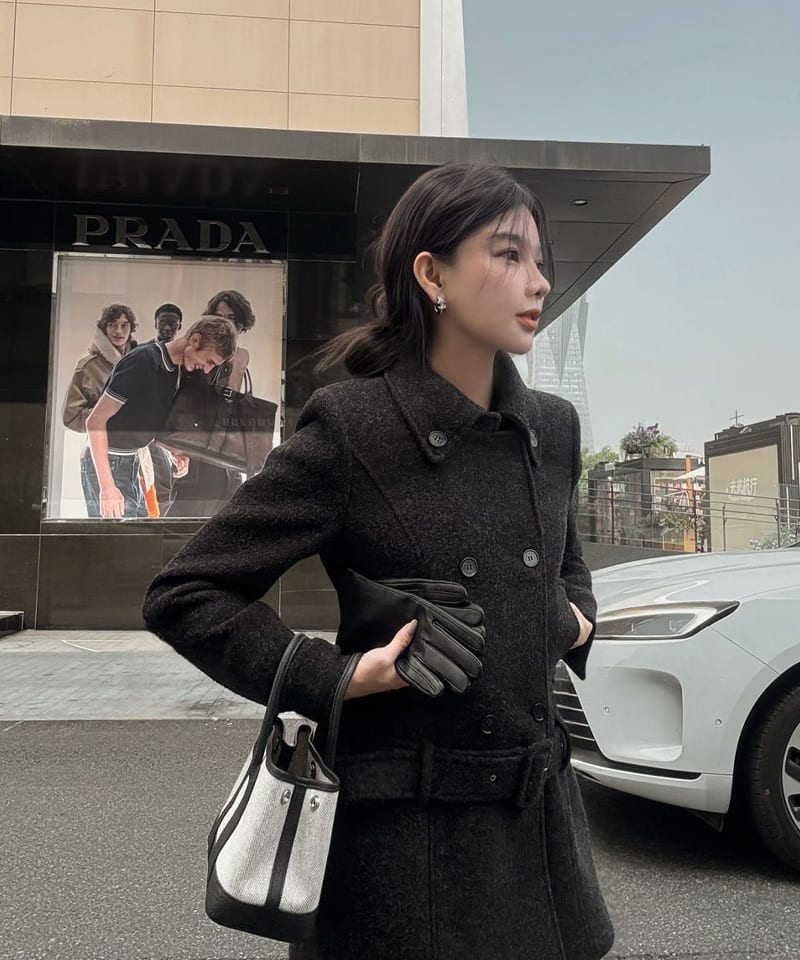카라 벨티드 울 더블 하프코트 추가 이미지 5