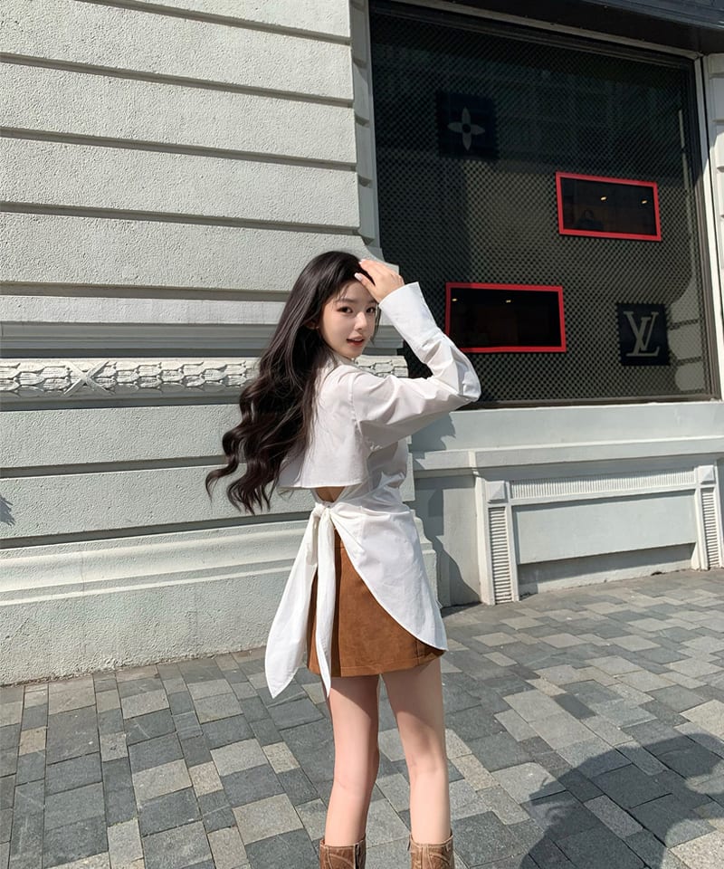 브라운 스웨이드 벨트 미니스커트 추가 이미지 1