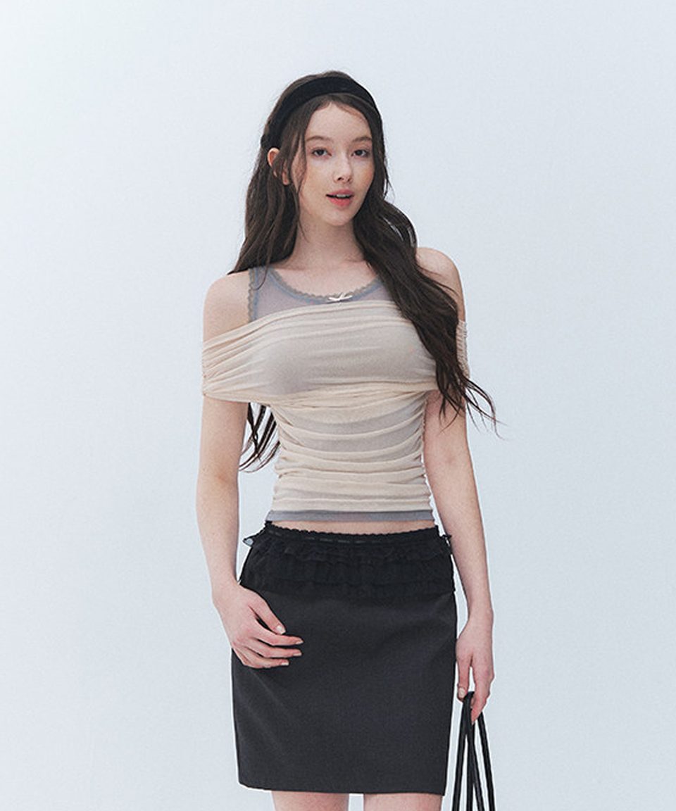[벨님 착용] 레이어드 메쉬 셔링 오프숄더 탑 대표 이미지