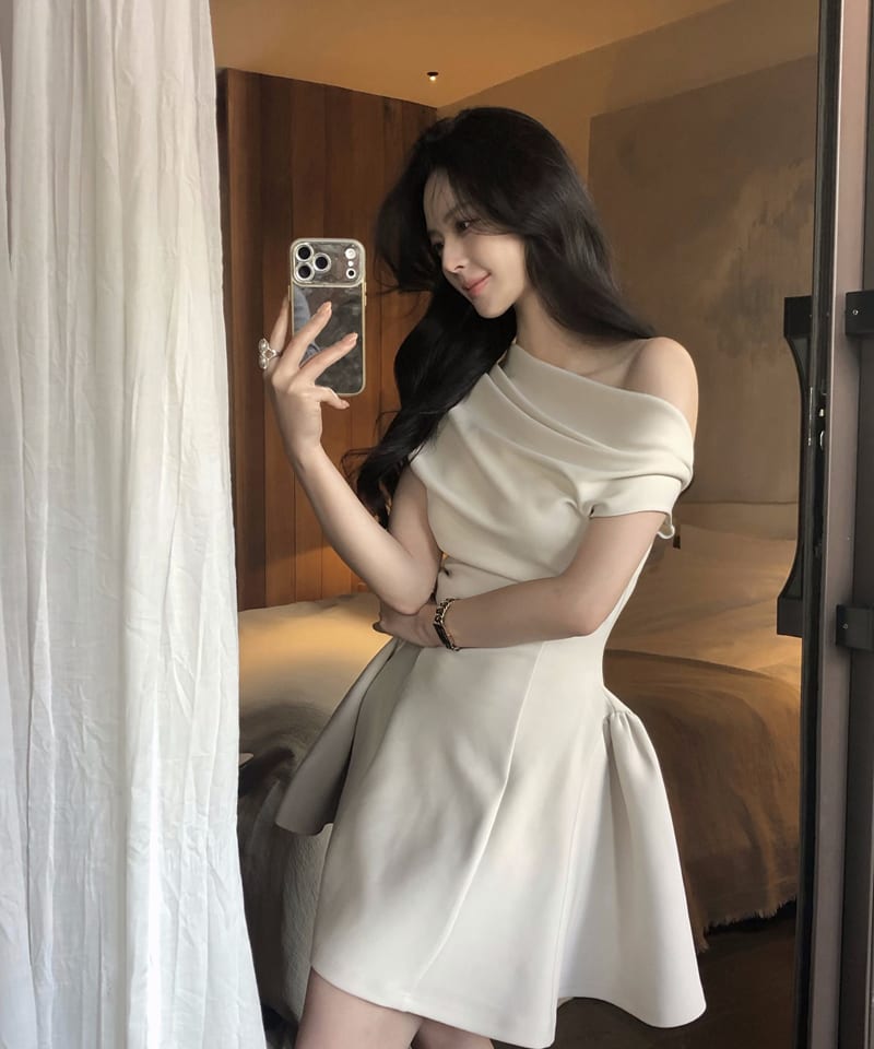 오프숄더 드레이프 셔링 원피스 (미니/롱) 추가 이미지 4