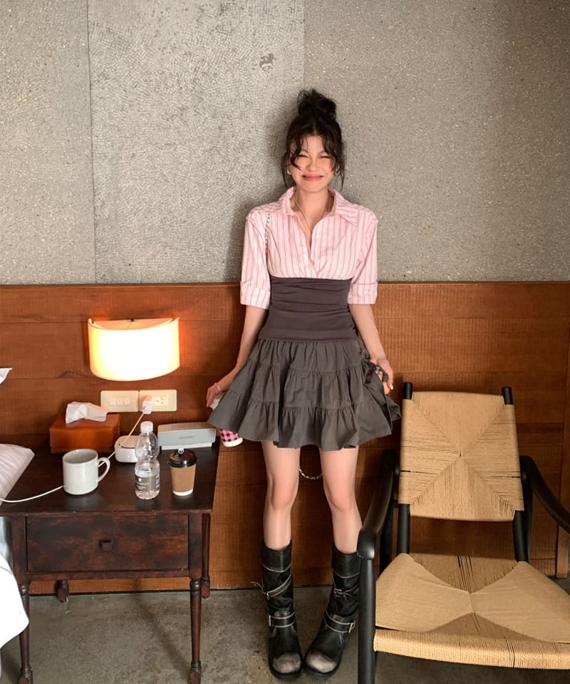 브라운 A라인 티어드 미니스커트 추가 이미지 1