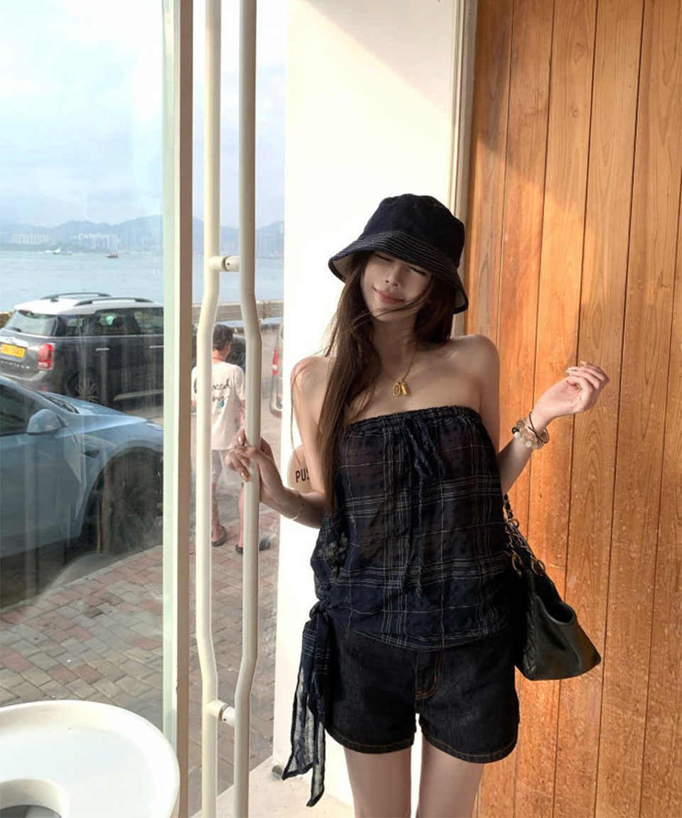 체크 리본타이 밴딩 튜브탑 대표 이미지
