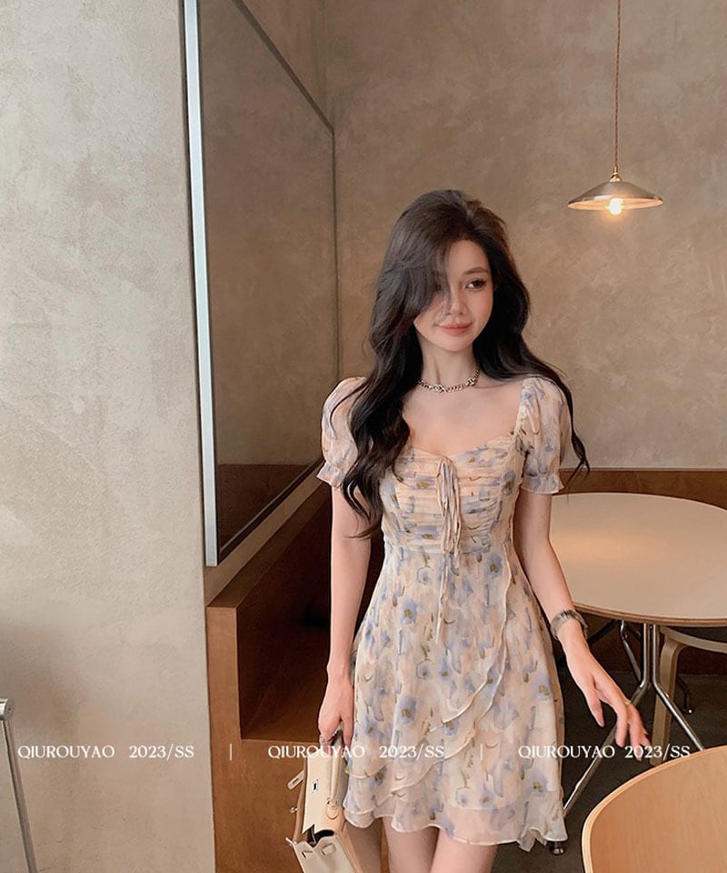 스퀘어넥 플라워 쉬폰 미니원피스 추가 이미지 1