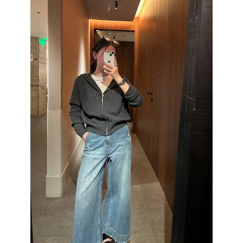 와이드 컷팅 미디엄 데님 팬츠 추가 이미지 3
