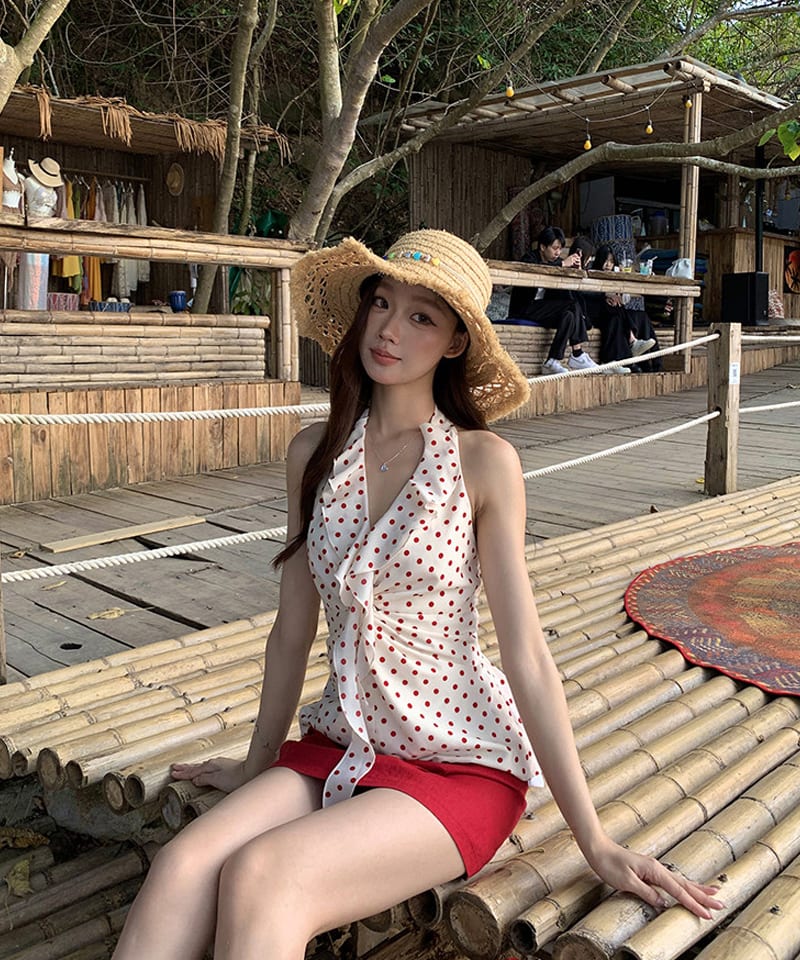 레드 도트 프릴셔링 홀터 블라우스 추가 이미지 2