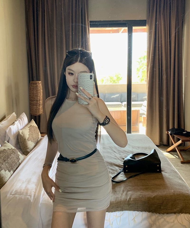 벨티드 메쉬 셔링 미니원피스 (벨트포함) 추가 이미지 4