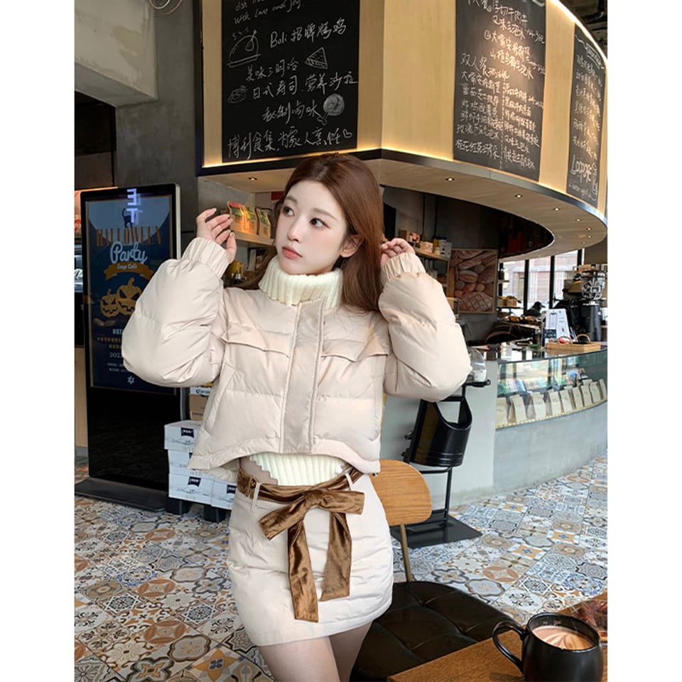 덕다운 숏패딩 리본 패딩스커트 투피스 세트 대표 이미지