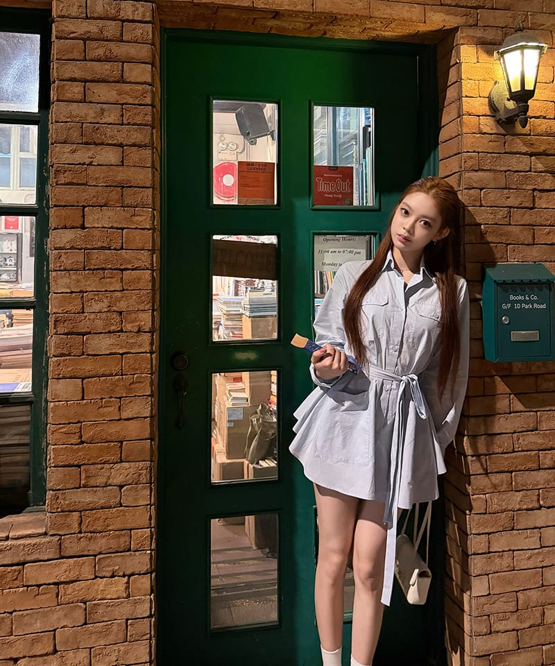 코튼 포켓 벨티드 A라인 롱 셔츠 추가 이미지 1