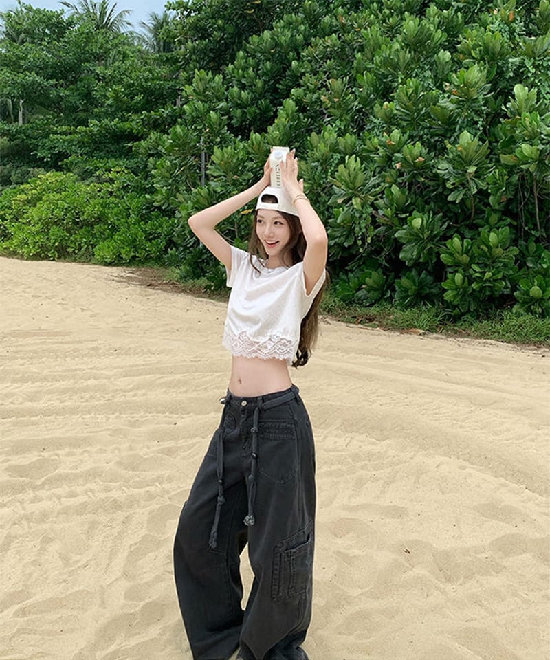 레이스 헴 세미크롭 반팔탑 추가 이미지 3