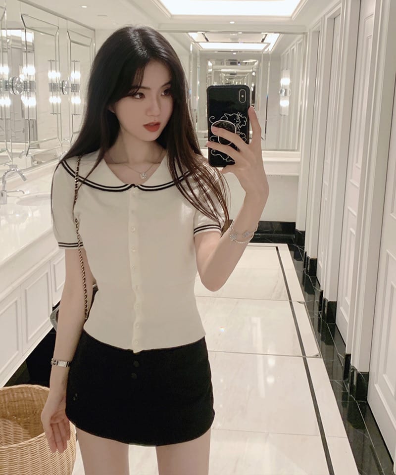세일러 라운드카라 반팔 가디건 - 화이트L 빠른배송 추가 이미지 4