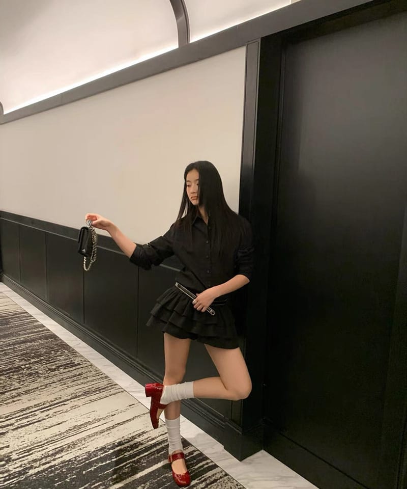 셔츠 밴딩 러플 티어드 미니원피스 추가 이미지 1