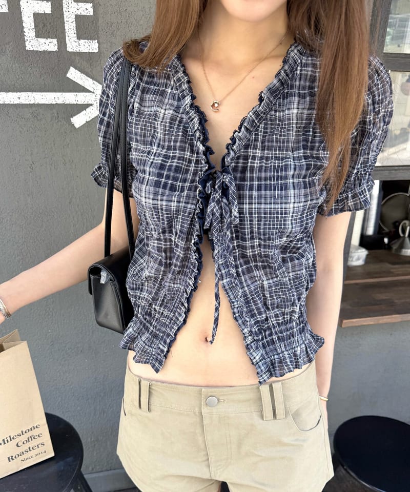 프릴 타이 플래킷 퍼프 블라우스 추가 이미지 1