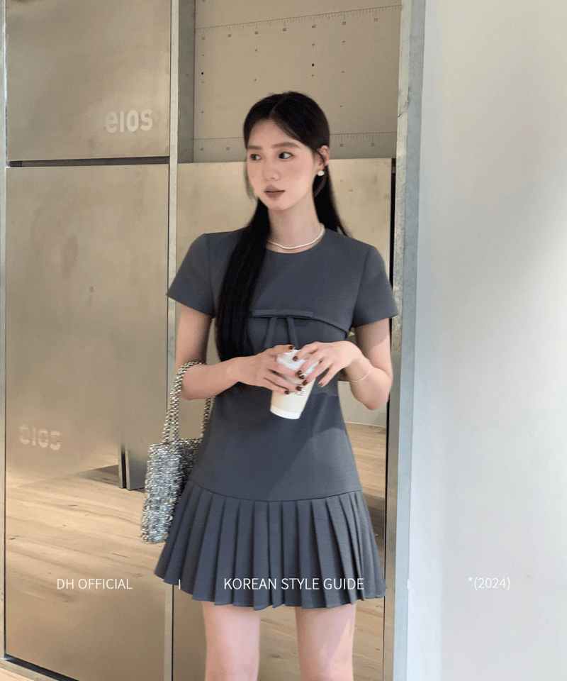 리본 플리츠 미니원피스 (민소매/반팔) - 반소매 핑크S 빠른배송 대표 이미지