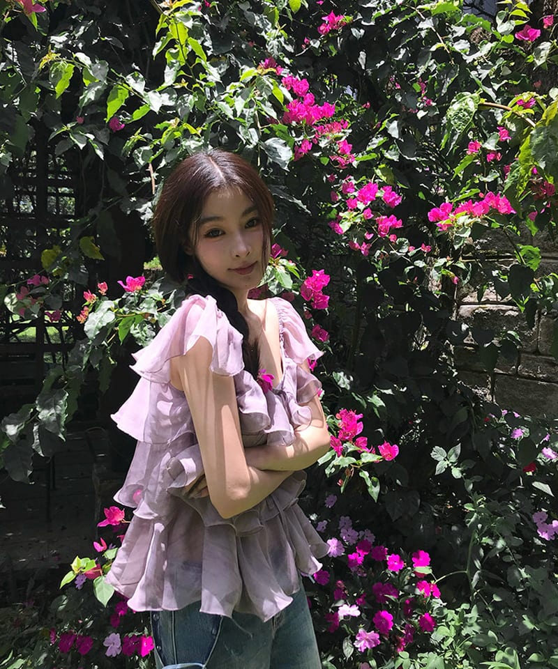 퍼플 쉬폰 티어드 윙 블라우스 대표 이미지