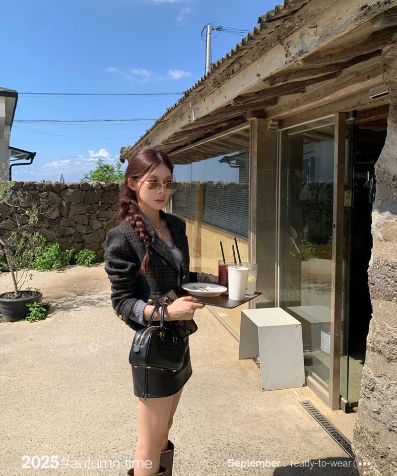 울 체크 카라 숏 자켓 추가 이미지 1