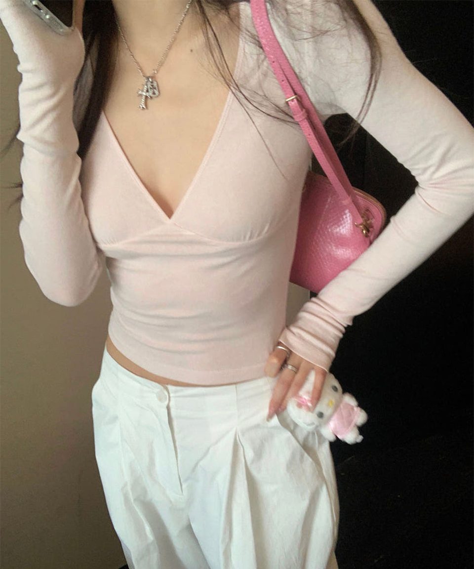 코튼 골지 워머 브이넥 탑 추가 이미지 1