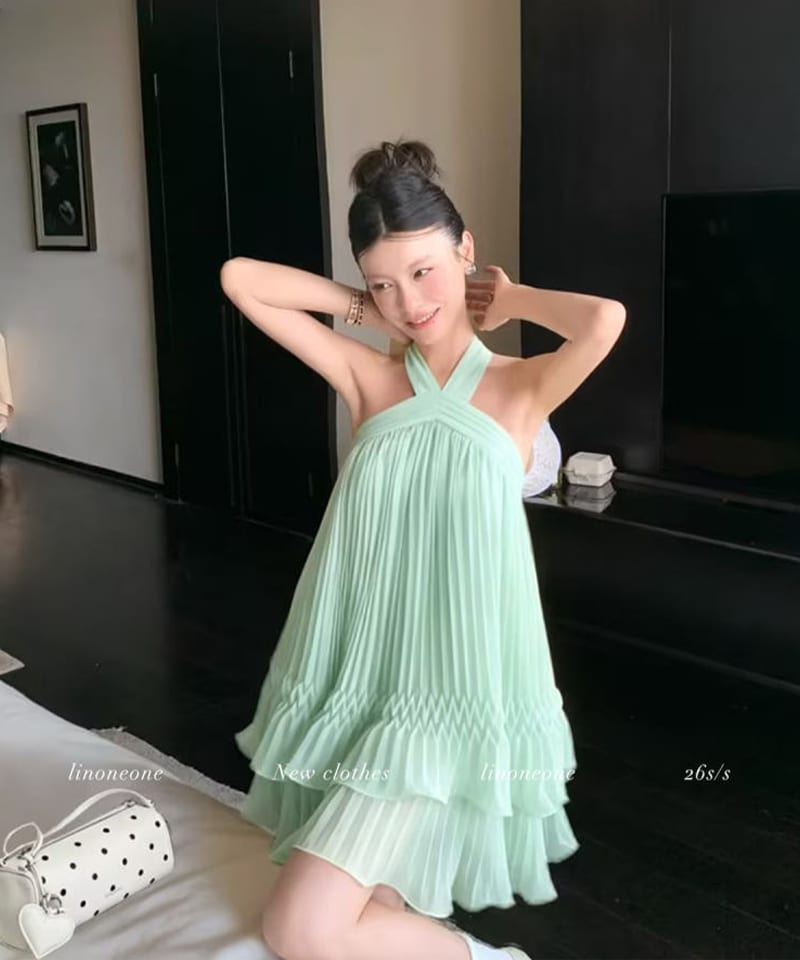 시폰 티어드 프릴 홀터 미니원피스 추가 이미지 2