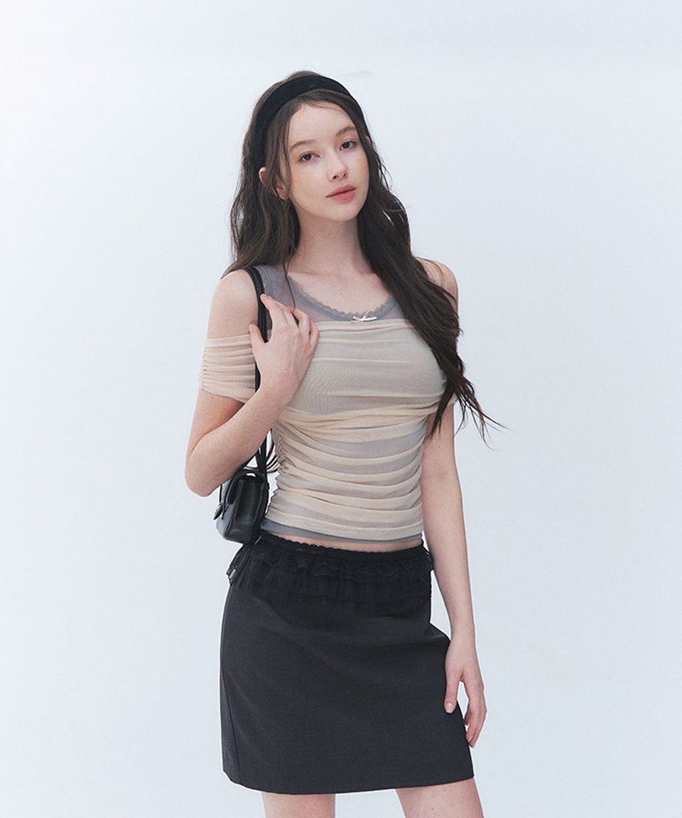 [벨님 착용] 레이어드 메쉬 셔링 오프숄더 탑 추가 이미지 2