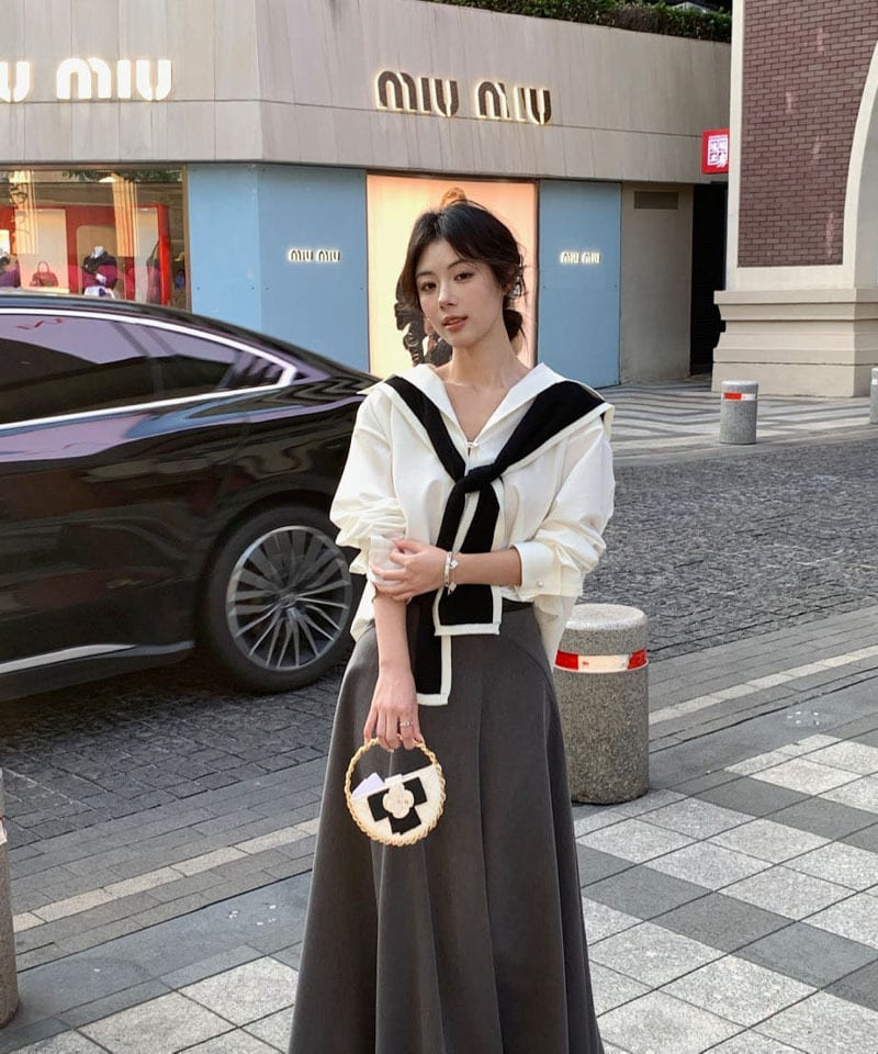 버튼 브이넥 셔츠 A라인 롱스커트 투피스 (개별선택) 추가 이미지 3