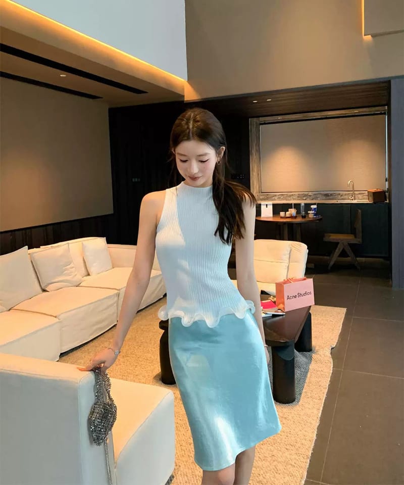 아세테이트 새틴 리플 미디스커트 추가 이미지 2
