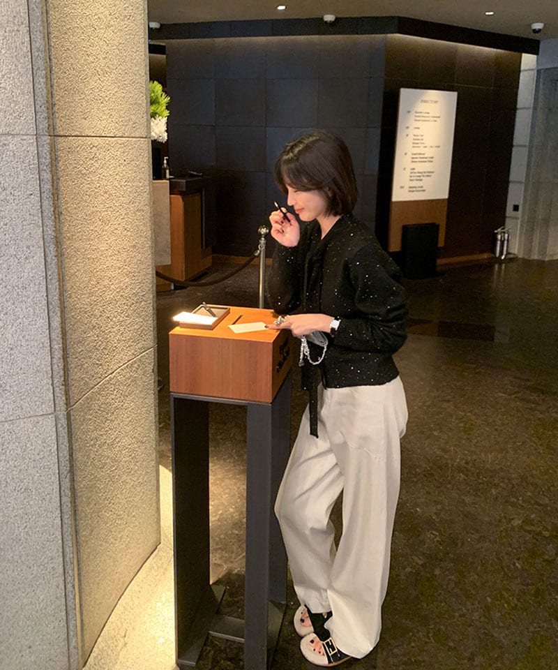 스팽글 클래식 리본타이 양모 가디건 추가 이미지 2