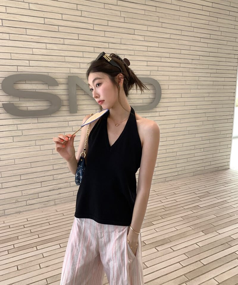 비스코스 백리스 스트랩 홀터탑 추가 이미지 1