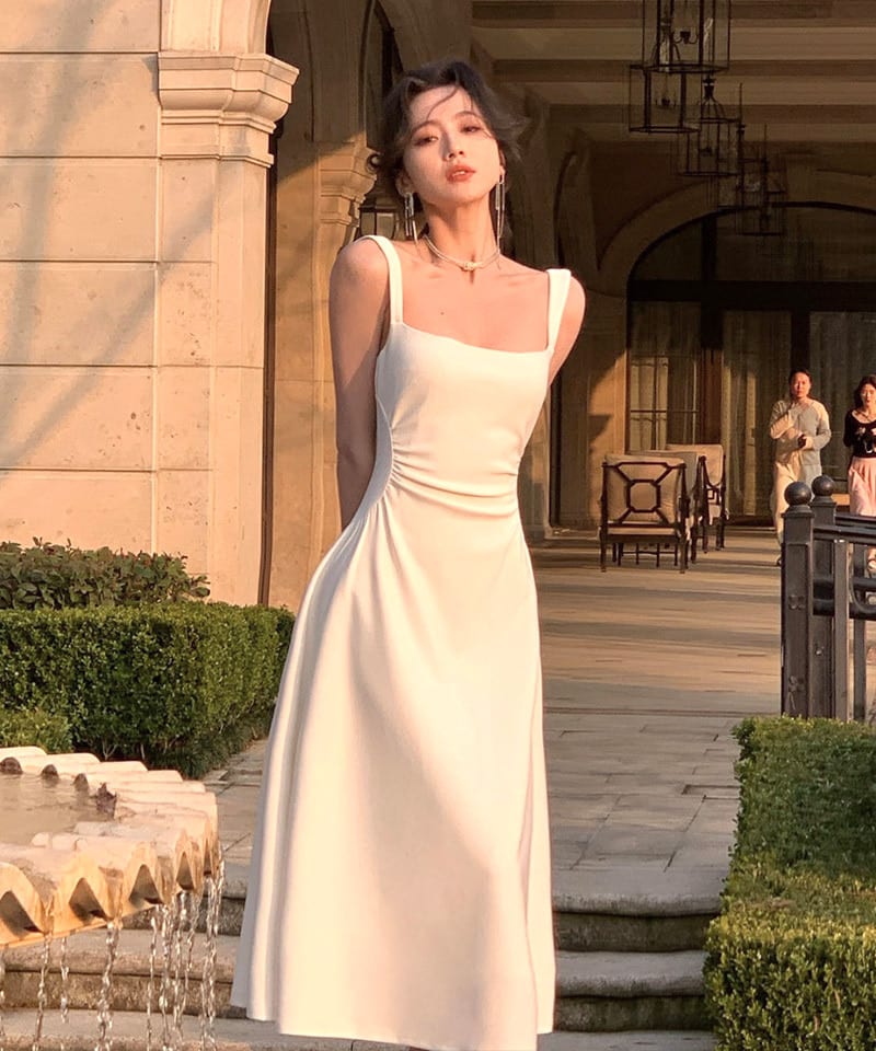 (3types) 셔링슬림 스퀘어넥 롱원피스 - 민소매 A라인 화이트S 빠른배송 추가 이미지 1
