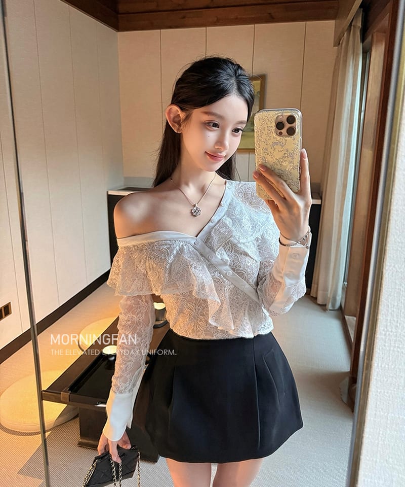 러플 레이스 언발 오프숄더 블라우스 - XS 빠른배송 추가 이미지 4