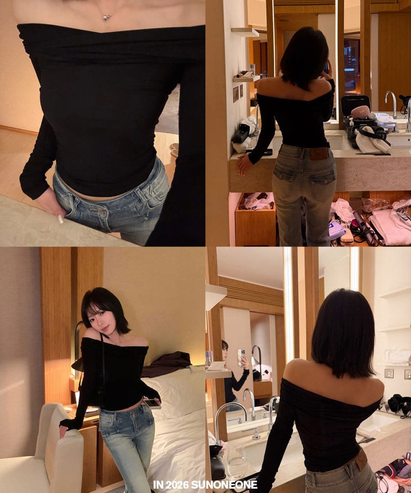 비스코스 슬림핏 오프숄더 긴팔탑 추가 이미지 3