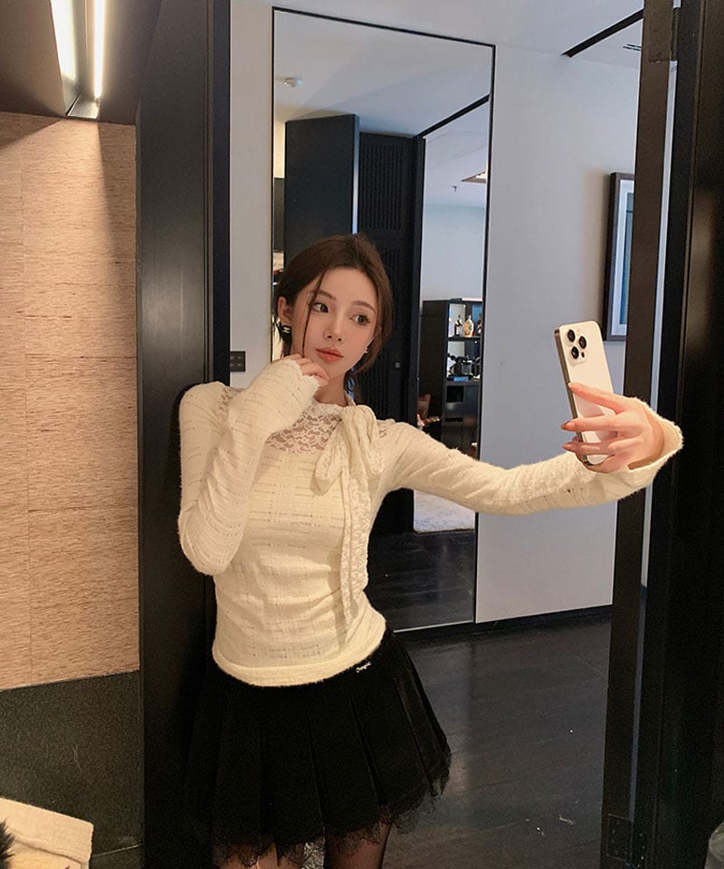 레이스 리본타이 블라우스 추가 이미지 4