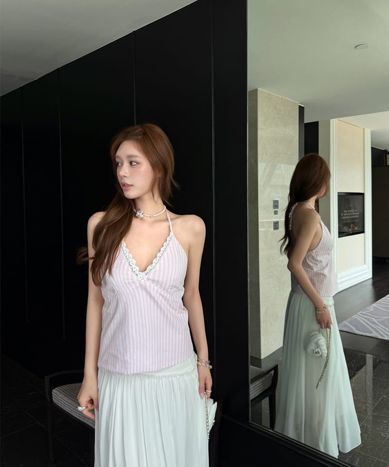 핑크 스트라이프 레이스 펄스트랩 홀터탑 대표 이미지